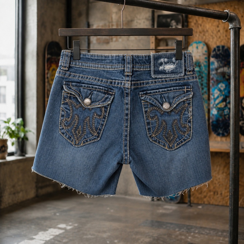 MEK Denim Chicago Cutoff Shorts Size 25 Blue Y2K Embroidered Flap Pocket